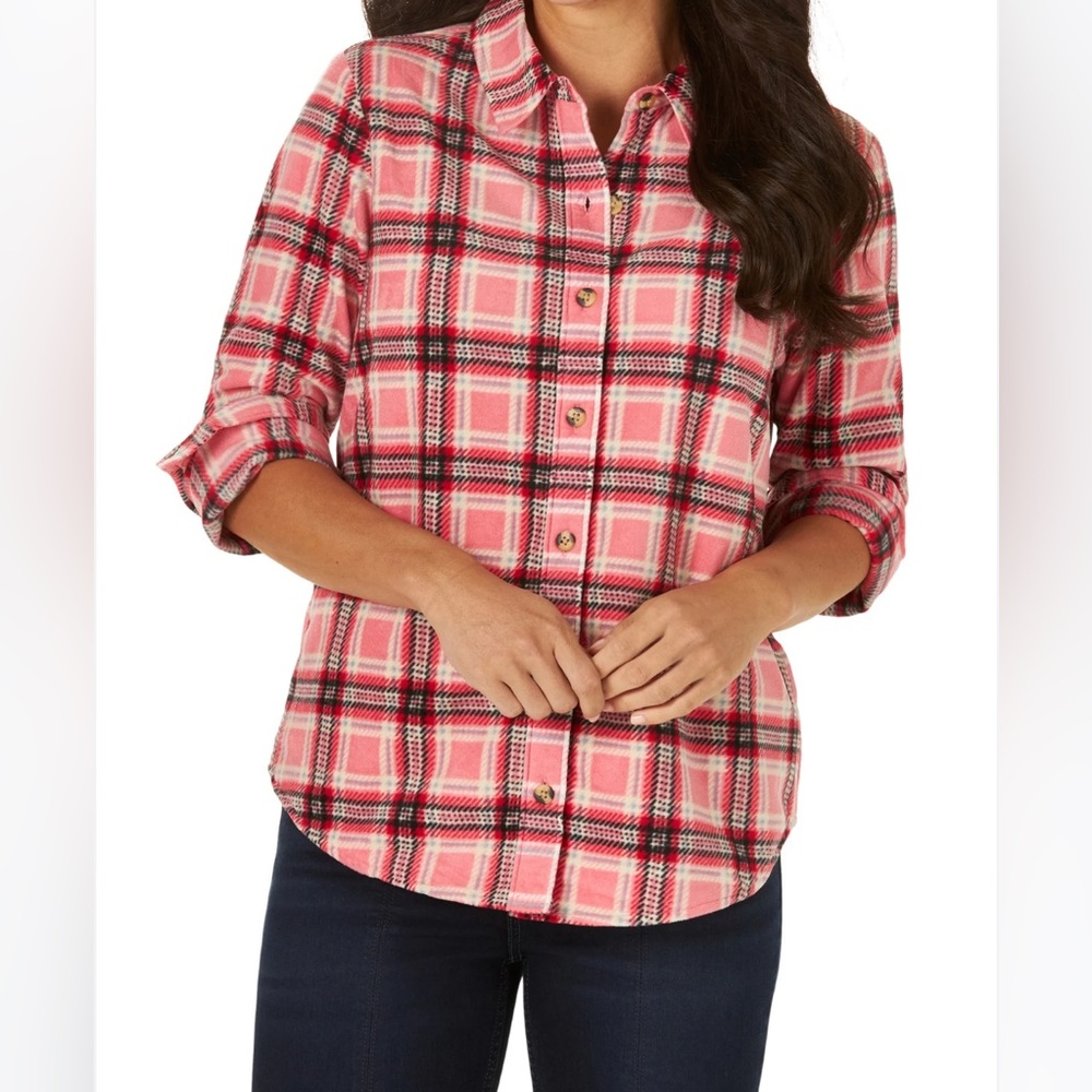 LEE Pink Plaid Women’s Button Down Shacket type Shirt with pockets size LARGE